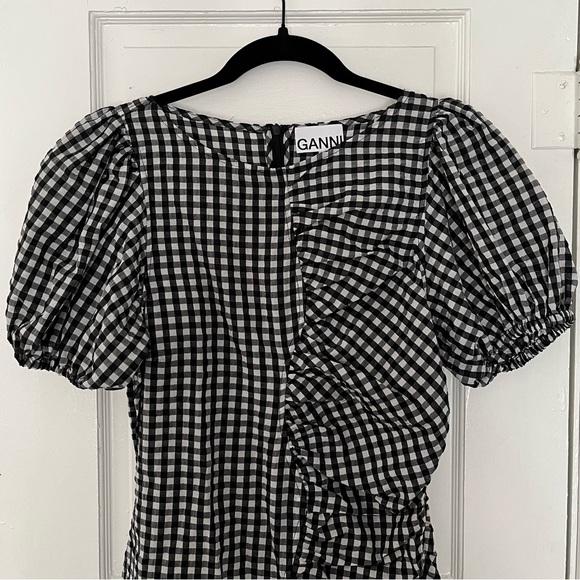 Ganni Dresses & Skirts - Ganni Checkered Seersucker Ruched Puff Sleeve Mini Dress EU 38